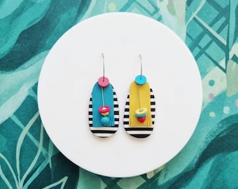 FAST SHIPPING,Colorful Leather Dangle Earrings, Polymer Clay Jewelry, Handmade