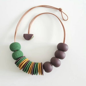 POLYMER CLAY NECKLACE- Colorful necklace-Chunky Necklace-Fimo Beads Necklace-Chunky Pendant-Green Brown Women Necklace-Jewelry For Her