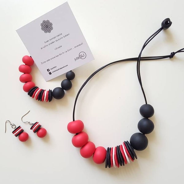 ENSEMBLE EN PÂTE POLYMÈRE - gros pendentif coloré-collier de perles de fimo-collier noir rouge-bijoux pour femme-parure de bijoux-bijoux pour elle