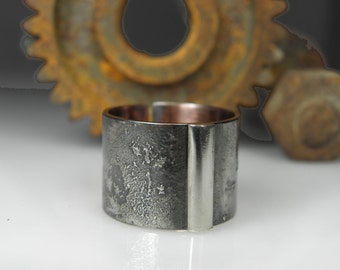 mixed metal ring, copper silver, adjustable ring, grunge, reticulation ring, rocker silver, industrial ring, cool ring, textured, open ring