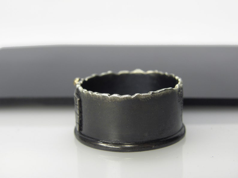 Silver ring with 14 K yellow gold ball unisex wide band organic men spinner ring oxidized industrial