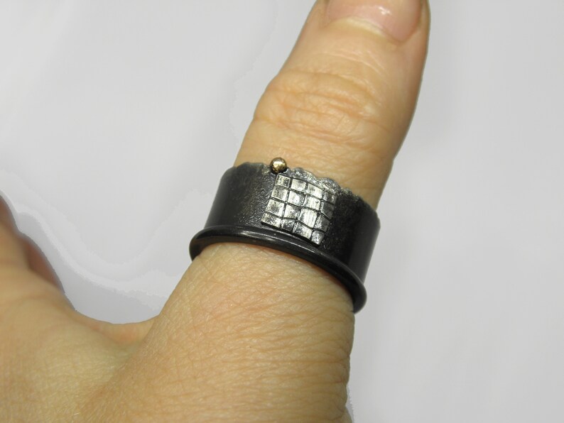 Silver ring with 14 K yellow gold ball unisex wide band organic men spinner ring oxidized industrial