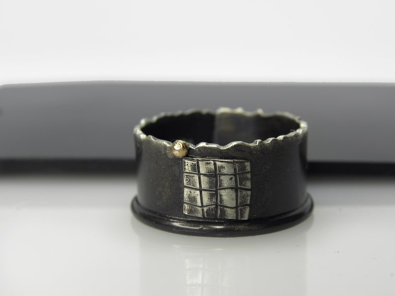 Silver ring with 14 K yellow gold ball unisex wide band organic men spinner ring oxidized industrial