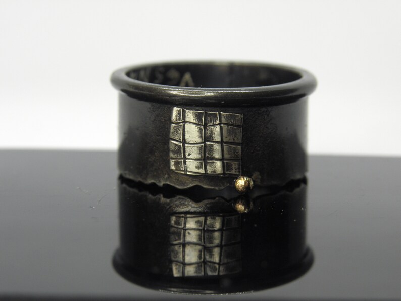 Silver ring with 14 K yellow gold ball unisex wide band organic men spinner ring oxidized industrial