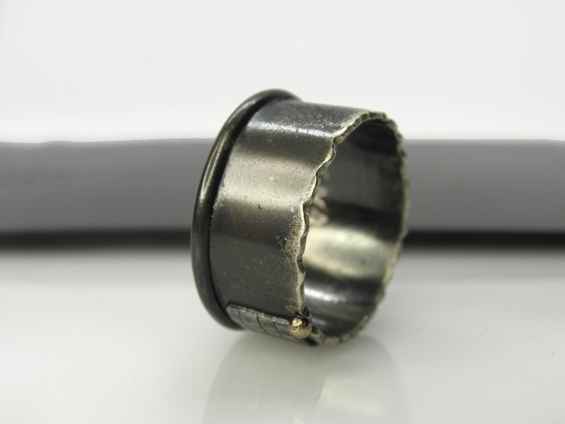 Silver ring with 14 K yellow gold ball unisex wide band organic men spinner ring oxidized industrial