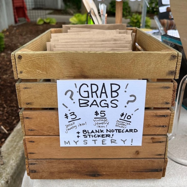 GRAB BAG Mystery Jewelry - 3, 5, 10 Dollar Prize, Plus Notecard and Sticker! Vintage, Stud Earrings, or Small Handmade Jewelry Item