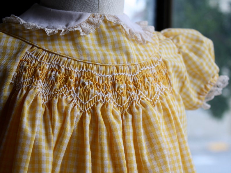 hand smocked lace newborn dress vintage gingham baby shower gift baby/'s first easter dress yellow pastel christening dress 9 to 12 months