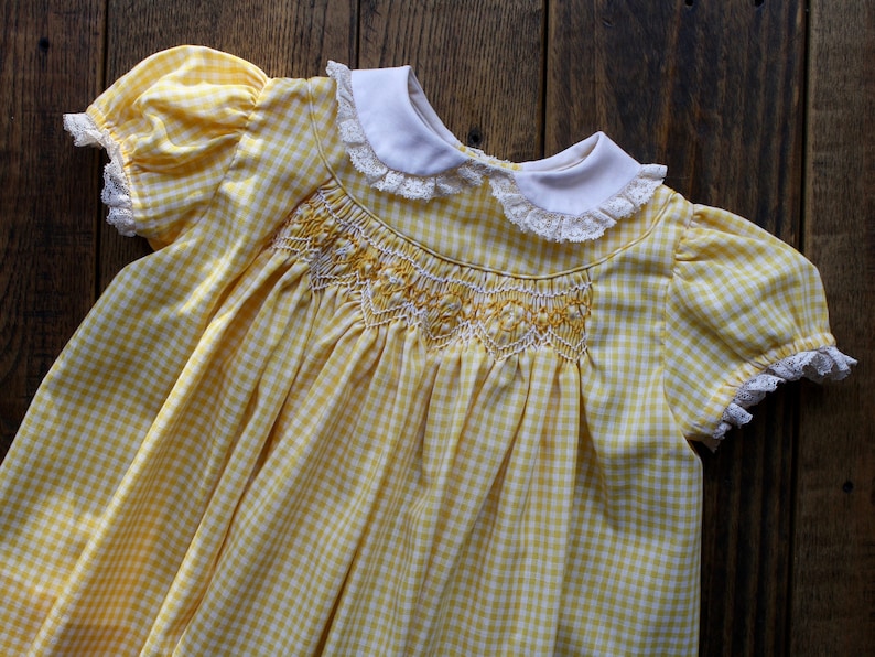 hand smocked lace newborn dress vintage gingham baby shower gift baby/'s first easter dress yellow pastel christening dress 9 to 12 months