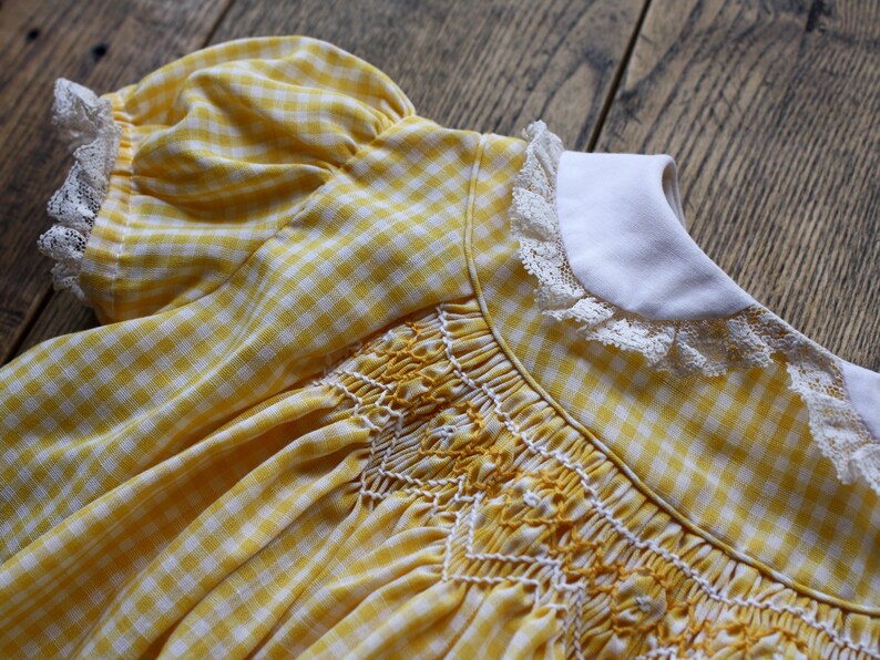 hand smocked lace newborn dress vintage gingham baby shower gift baby/'s first easter dress yellow pastel christening dress 9 to 12 months