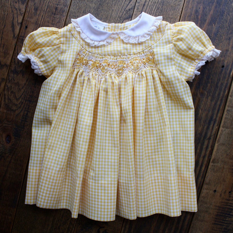hand smocked lace newborn dress vintage gingham baby shower gift baby/'s first easter dress yellow pastel christening dress 9 to 12 months