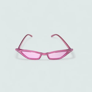 May include: A pair of pink, cat-eye sunglasses. The frames and lenses are a matching shade of bright pink. The sunglasses have a sleek, modern design, with a narrow frame and pointed edges.