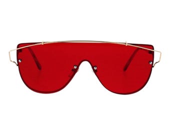 Red shield sunglasses are similar to the Retro Futuristic Tinted Fashion aviator