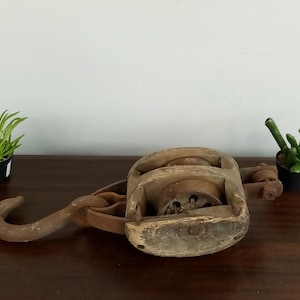 May include: An antique wooden pulley with a large, rusty metal hook. The pulley has two wheels and is weathered, showing signs of age. Two small potted plants flank the pulley on a dark wooden surface.
