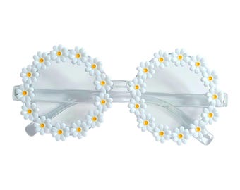 White Daisy Flower Sunglasses | Round Flower Power Sunnies | Retro Festival Eyewear, Cute Y2K Aesthetic Shades, Novelty Party Glasses