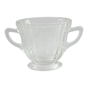 vintage Federal Glass Madrid pattern clear depression glass open sugar bowl, produced between 1932 and 1939. It is also known as a footed, t