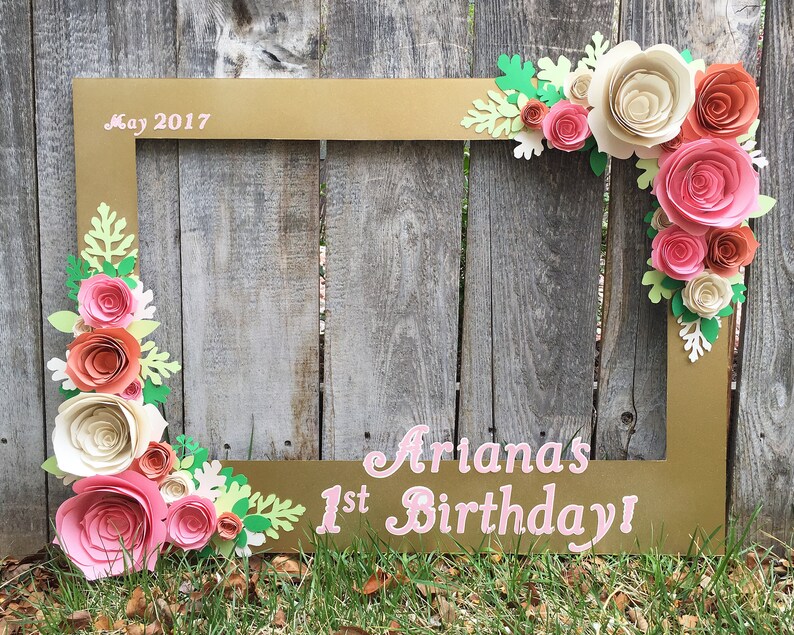 Gold Photo Booth Frame Prop With 3d Flowers In Ivory Peach Image 0