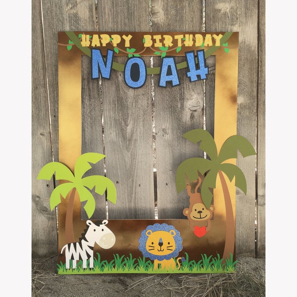 Custom Jungle Birthday photo booth frame for child birthday, with lion, zebra, monkey and trees, personalized with child name