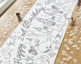Mermaid Castle Coloring Banner Kid Birthday Party Activity Under the Sea Party Decor Large Table Coloring Poster Hand Drawn Toddler Bday