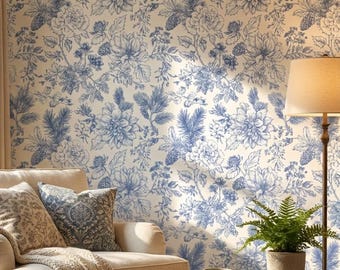Blue Toile Winter Pine Cone Peel and Stick Floral Wallpaper Mud Room Adhesive Mural Bathroom Flowers Navy Blue Master Room Design Kitchen