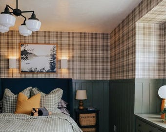 Traditional Brown Gingham Peel and Stick Wallpaper Neutral Plaid Wallpaper Removable Adhesive Wall Covering CottageFarmhouse Bedroom Country