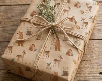 Whimsical Woodland Animal Wrapping Paper Recycled Kraft Gift Wrap Forest Friends Baby Shower Birthday Eco Friendly Gift Wrap 1st Bday Party