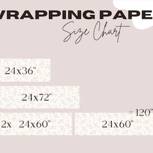Może przedstawiać: Tabela rozmiar&oacute;w papieru do pakowania, z wymiarami w calach. Tabela przedstawia rozmiary takie jak 24x36", 24x72" i 24x60". Tekst "WRAPPING PAPER" i "Size Chart" znajdują się na g&oacute;rze.