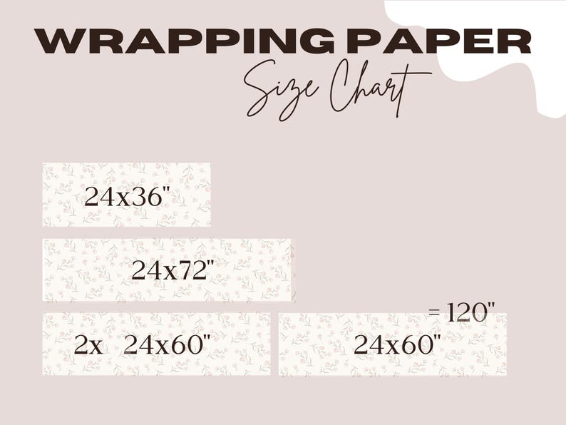 Może przedstawiać: Tabela rozmiar&oacute;w papieru do pakowania, z wymiarami w calach. Tabela przedstawia rozmiary takie jak 24x36", 24x72" i 24x60". Tekst "WRAPPING PAPER" i "Size Chart" znajdują się na g&oacute;rze.