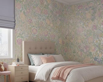 Soft Pastel Floral Wallpaper Peel and Stick Decoration Girl Adhesive Mural Renter Friendly Flower  Guest Room Eclectic Design Nursery Baby