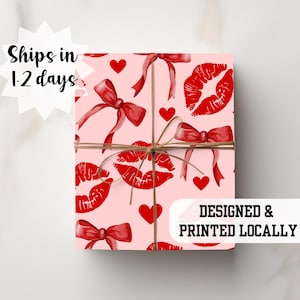 Red Pink Coquette Bow Wrapping Paper Red Lips Love Spicy Anniversary Birthday Wrap Bachelorette Trendy Cute Love Present Roll Valentines Day