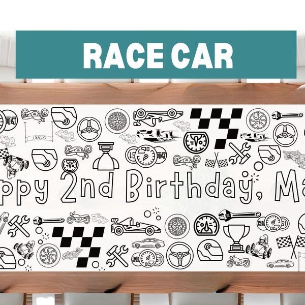 LARGE 6-foot Race Car Theme Coloring Banner Personalized Birthday Poster Table Custom Roadster Checkered Birthday Tablecloth Party ideas 72"