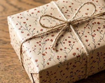 Small Red Floral Stem Wrapping Paper Recycled Kraft Gift Wrap Tiny Botanical Print Rustic Cottage Garden Eco Friendly Gift Wrap Birthday