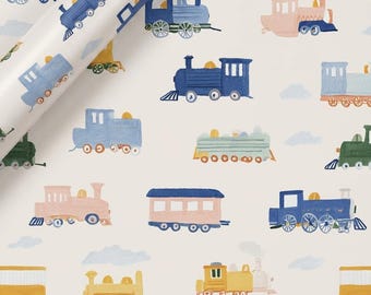 Watercolor Train Wrapping Paper Birthday Gift Wrap Pink Blue Green Locomotive Kids Birthday Party Baby Shower Train Gift Wrap Bday Cover