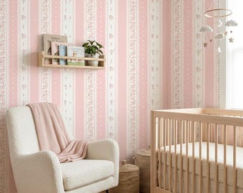 Pink Stripe Nursery Scallop Wallpaper Peel and Stick Floral Dot Wallpaper Removable Baby Girl Room Decor Rental Friendly Wall Covering