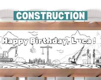 LARGE 6 foot Construction Coloring Banner Personalized Dump Truck Birthday Table Cover Diggers Custom Paper Tablecloth Parties 72" Boy Party