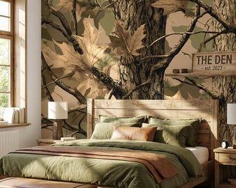Camo Forest Peel Stick Wallpaper Woodland Tree Camouflage Removable Wall Mural Rustic Cabin Decor Boys Room Accent Wall Self Adhesive Mural