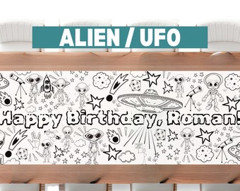 6 foot Alien Invasion Coloring Banner Personalized UFO ideas Birthday Table Cover Custom Paper Tablecloth Parties 72" Outer Space Earthling