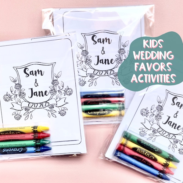 Personalized Wedding Kid Party Favor Kit Coloring Sheets Custom Name Date Kids Wedding Coloring Page Party Activity Goody Bags DIY Unique