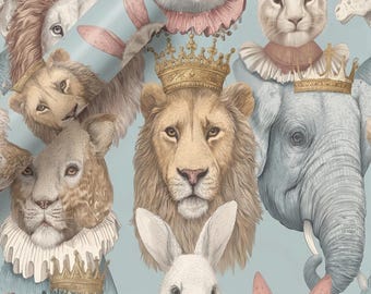 Whimsical Royal Animal Wrapping Paper Birthday Gift Wrap Vintage Storybook Lion Bunny Elephant Woodland Nursery Gift Wrap Crown London Wrap
