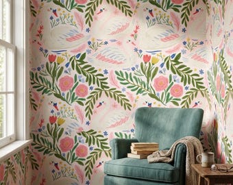 Swan Duck Floral Wallpaper Peel and Stick Nursery Wallpaper Eclectic Animal Wallpaper Baby Girl Room Decor Cottagecore Wall Decor Rentals