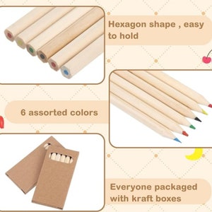 May include: Six wooden pencils in assorted colors, with hexagonal barrels, packaged in a brown cardboard box. The pencils are arranged in a fan shape, with the colored tips visible. The text "Hexagon shape, easy to hold" and "6 assorted colors" are visible in the image.