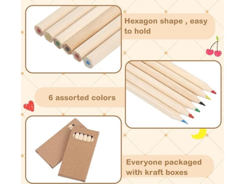 May include: Six wooden pencils in assorted colors, with hexagonal barrels, packaged in a brown cardboard box. The pencils are arranged in a fan shape, with the colored tips visible. The text "Hexagon shape, easy to hold" and "6 assorted colors" are visible in the image.