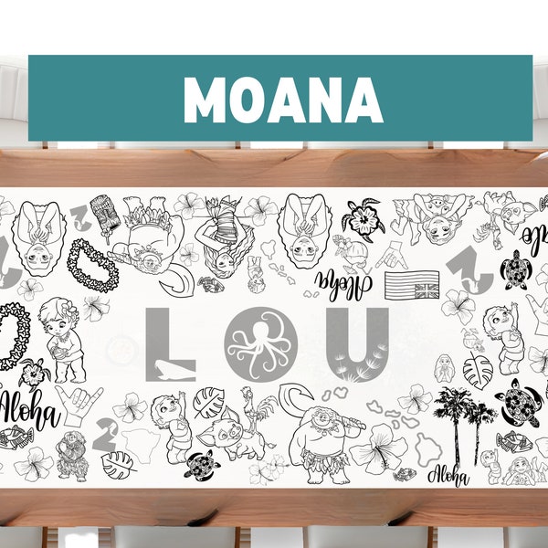 LARGE 6-foot Moana Theme Coloring Banner Personalized Birthday Poster Table Custom Beach Island Birthday Tablecloth for Party Sheet 24"x72"