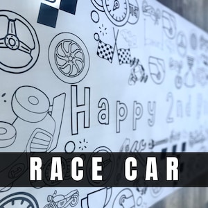 May include: Black and white illustration of a race car with the words "Happy 2nd Birthday" and "Race Car" on a white background.