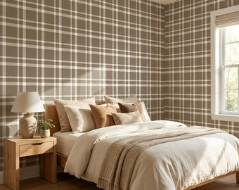 Moody Brown Gingham Peel and Stick Wallpaper Neutral Plaid Wallpaper Removable Adhesive Wall Covering Cozy Cottage Farmhouse Bedroom Decor