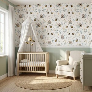 Bee Peel and Stick Wallpaper Removable Nursery Wallpaper Neutral Beehive Floral Wall Decor Kids Room Farm Cottage Design Boho Gender Neutral