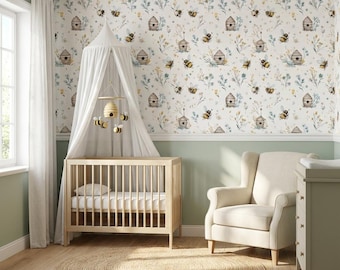 Bee Peel and Stick Wallpaper Removable Nursery Wallpaper Neutral Beehive Floral Wall Decor Kids Room Farm Cottage Design Boho Gender Neutral
