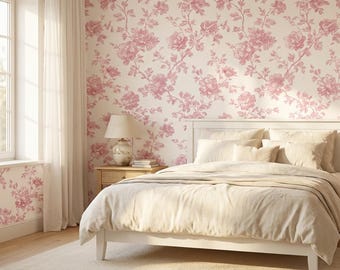 Renter Friendly Rose Toile Print Wallpaper Nursery Room Girl Reading Room Mudroom Peel and Stick Dark Pink Floral Design Adhesive Wall Mural