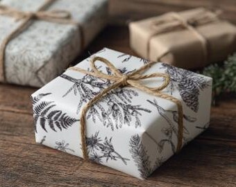 Forest Green Wrapping Paper Roll Nature Paper Greenery Gift Wrap Gloss Finish Birthday Party Wedding Pine Cone Black White Drawn Illustrated