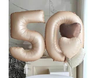 LARGE 40" Boho 50th Birthday Balloon Decor Fifty Year Beige Matte Heart Balloon Carmel Foil Party Decoration Second Party 50 Year Anniversar
