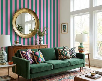 Green Pink Stripe Wallpaper Peel Stick Bold Preppy Wall Mural Vintage Chic Striped Removable Renter Friendly Replaceable Extrovert Eclectic